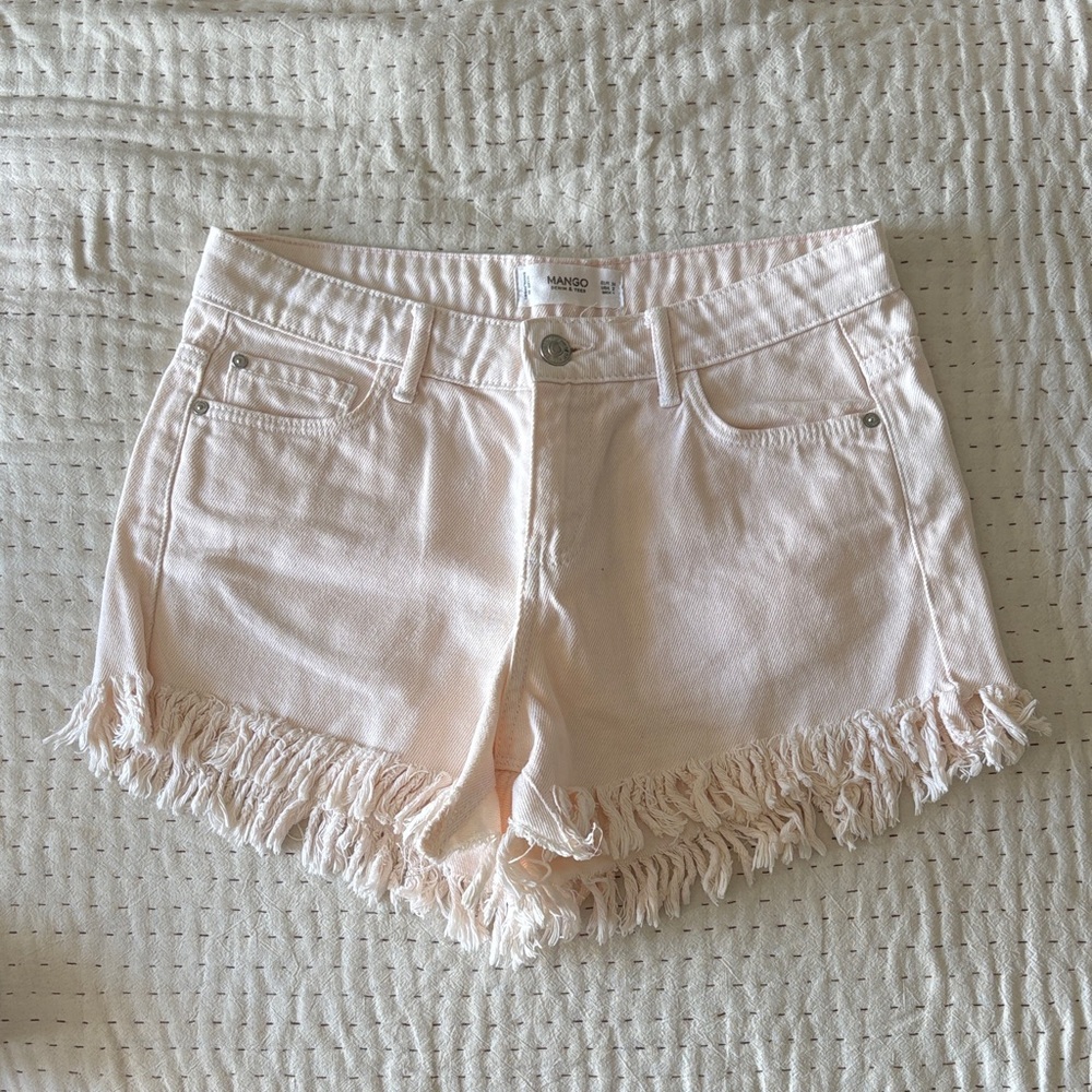 Mango Light Pink Fringed Jean Shorts
